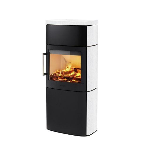 HWAM 4660c in black with natural stone cladding, Moca Cream